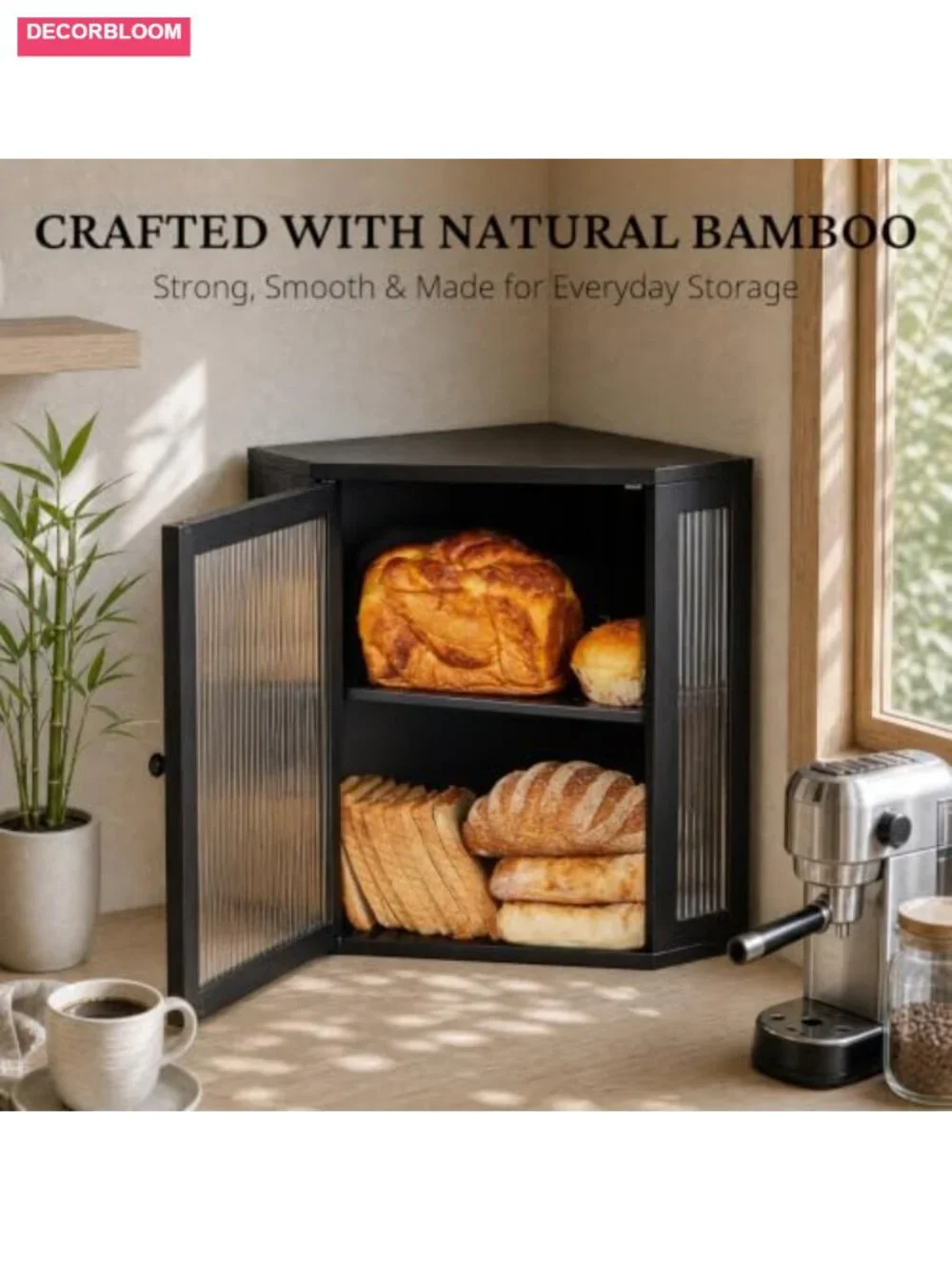 Bamboo 2-Tier Corner Bread Box with Adjustable Shelf, Extra Large